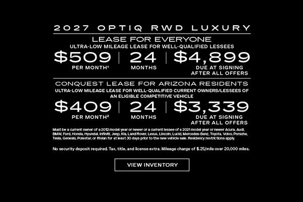 2027 OPTIQ RWD LUXURY. Ultra-low milege lease for well-qualified lessees. $509 per month 24 month...